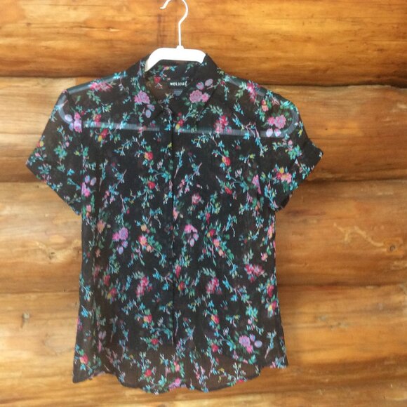 Wet Seal Black Floral 90s Sheer Short Sleeve Button Down Y2K Blouse Size Small - Picture 1 of 4